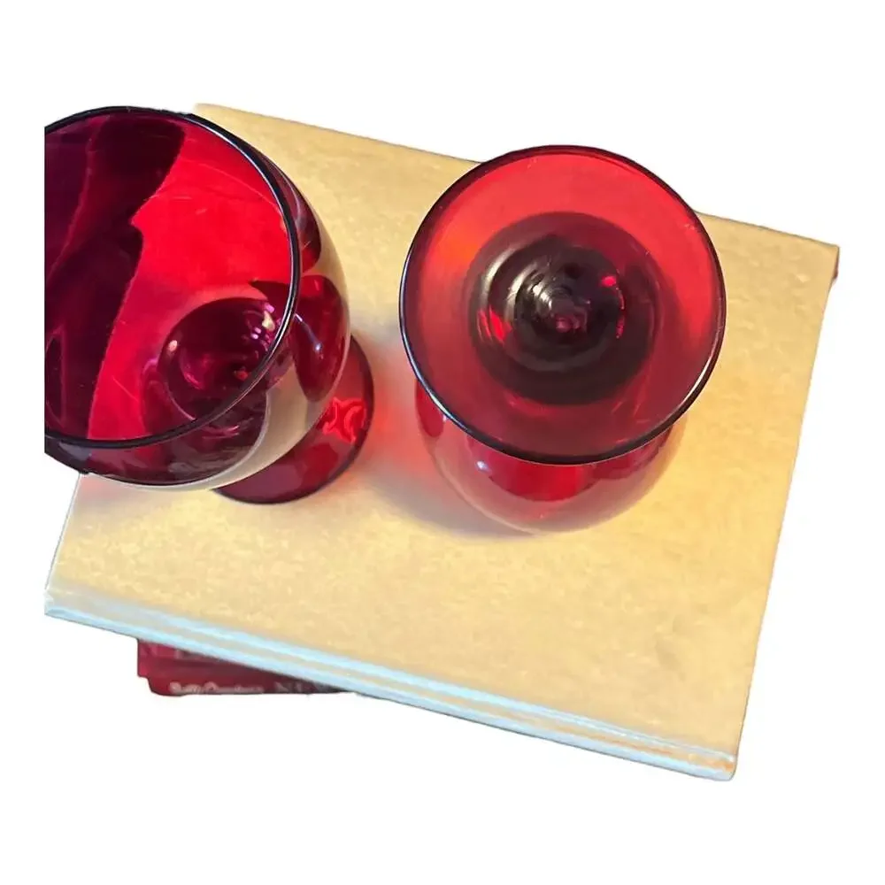 Vintage Ruby Red Glass Water Goblet Wine Glass Stemware Set of 2